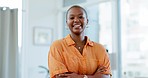 Black woman, portrait and business employee laughing with happiness in creative agency office. Happy worker, blurred background and smile of a digital content creator with a laugh ready for working 