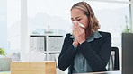 Office, tissue and woman blowing her nose while sick and working on a corporate project. Professional, hayfever and Asian female employee sneezing from the flu, cold or allergies in the workplace.