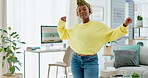Dance, music headphones and black woman with phone in home for streaming podcast, radio or sound. Singer, technology or happy female dancing with mobile smartphone for listening to fun song or audio.