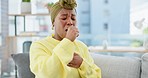 Black woman, cough and sick on sofa in home living room with chest pain, pneumonia or tuberculosis. Young, gen z African and coughing with lung infection, breathing problem or asthma on lounge couch