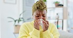 Black woman, sneeze and sick with tissue on sofa in home living room for blowing nose, allergy or breathe. Young, gen z African and sneezing for flu infection, breathing problem or allergies on couch