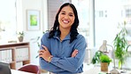 Business woman, face and office with happiness from job ready for working. Happy, smile and female portrait of a young person and employee feeling proud and confident from corporate writing career