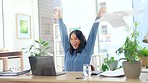 Happy woman, laptop and throw paper in office success, winning and business celebration for news, cheers or bonus. Excited worker, employee or asian person winner in Philippines celebrate opportunity