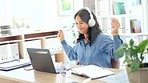 Happy woman, music, headphones and laptop in office chair dancing for mental health, career wellness and excited energy. Business asian person in Philippines listening and dance to audio on computer