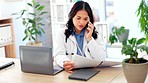 Doctor, woman and phone call for healthcare report at desk with medical documents in discussion. Asian medic, smartphone or reading paperwork in conversation with patient for health at hospital desk