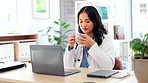 Relax, email and a doctor with coffee and laptop for healthcare, morning relief and consulting. Happy, medicine and a female gp drinking a warm beverage for calmness while working on a computer