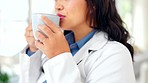 Thinking, doctor and woman with coffee in hospital, clinic or health center with thoughtful face. Healthcare, medical service and hands of female with latte, cappuccino and espresso drink in morning