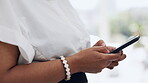 Woman hands, business and typing on cellphone in office, online app and web contact. Closeup worker, smartphone and mobile management for networking, iot notification and social media tech connection