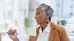 Woman writing notes for business, brainstorming and research target agenda at office window. Thinking, project manager and planning ideas on glass, timeline and strategy of mission, schedule or goals