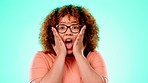 Face, surprise and black woman with shock, wow and lady against a blue studio background. Portrait, Jamaican female and lady with facial expression, happiness and idea with motivation and inspiration