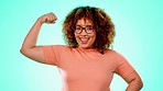 Smile, muscle flex and strong black woman on blue background for empowerment, feminism and confidence. Beauty, power and face portrait of girl flexing arm in studio for challenge, pride and strength