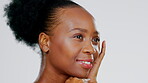 Hands on face, black woman and beauty with skincare glow, happy model and cosmetic care on studio background. Moisturizer, female and healthy skin, dermatology with luxury spa treatment in mockup