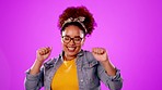 Happy, free and a woman enjoying a dance isolated on a pink background in a studio. Smile, goofy and a dancing girl moving to a beat, rhythm or audio with happiness, fun and freedom on a backdrop