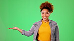 Mockup, presenting and smile with black woman in studio for promotion, announcement and news. Happy, offer and choice with girl and hand gesture for product placement, information and opportunity