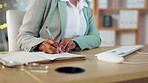 Woman, hands and writing schedule in notebook at night for planning, reminder or information at office. Hand of female business employee working late taking notes in book for project plan or finance