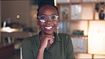 Happy, face and business woman in the office at night to finish a deadline corporate project. Smile, confidence and portrait of a professional African female employee in the workplace working late.