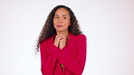 Happy, smile and face of a shy woman in a studio with trendy, fashion and stylish outfit. Happiness, beauty and portrait of female model from Brazil with style in red suit isolated on a background.