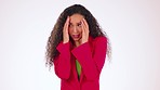 Face, scared and black woman with anxiety, stress and worried with lady against studio background. Portrait, female and girl with fear, confused and nervous with mental heath issue, problems or abuse