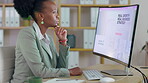 Black woman, thinking and typing on computer for business or website strategy in digital marketing at office. Thoughtful African American female looking at homepage on PC screen in corporate planning