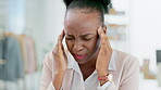 Black woman, headache and pain with stress and burnout, mental health and face with corporate crisis and overworked. Fatigue, female in business and problem at work with professional mistake and hurt