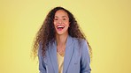 Business woman, smile and face in a studio with happiness and cosmetics. Isolated, yellow background and mixed race female portrait laughing with joy and feeling playful, silly and happy with beauty 