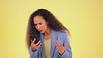 Phone, angry and black woman in studio for texting, social media and fake news on yellow background. Wtf, scam and girl on smartphone with notification, glitch or problem, frustrated and annoyed