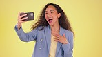 Video call, talking and excited black woman with phone for live streaming, vlogging and recording. Communication mockup, influencer and happy girl with smartphone speaking, wave and chatting online