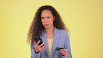 Crash, online shopping and angry woman buying on the internet 404 error or glitch on phone while doing ecommerce. Frustrated, annoyed and disappointed female using mobile app to purchase on the web