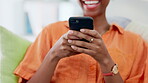 Phone, app and woman texting laughing at a meme online, internet and web or send message on social media. Hands of female person with mobile connection typing on cellphone as smartphone communication