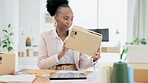 Black woman, tablet and checking boxes in logistics for delivery, supply chain or inventory at office. Happy African female small business inspection of cargo with touchscreen for quality assurance