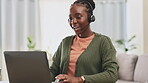 Video call, education webinar and online course,  black woman with teacher talking and laptop with headset. Work from home, wave hello and teaching, elearning and female with virtual communication