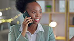 Black woman, business and phone call for consultation, conversation or discussion at office. Happy African American female employee talking or consulting on smartphone for marketing at workplace