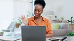 Laptop, wave and black woman on video call in home office, online meeting or webinar. Communication, notebook and happy freelancer or remote worker waving in virtual chat for greeting and discussion.