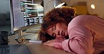 Black woman sleeping, fatigue and coding with night shift, overtime and deadline, computer screen with programming. Information technology, burnout and programmer, sleep on desk with software update