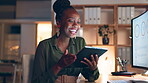 Business tablet, laughing and surprised black woman in office looking at funny meme or humor at night. Technology, comic wow and happy female with touchscreen for comedy, social media or web browsing