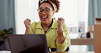 Laptop, surprise and a winner business black woman celebrating while working on a deal in her office. Computer, wow and celebration with a female employee cheering while feeling shocked at success