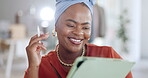 Black woman, tablet and smile for schedule, planning or digital notes for marketing, research or advertising at office. Happy African American female working on touchscreen or mobile app for strategy