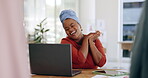 Black woman, laptop and celebration for business sale, promotion or good news at the office. Happy African American female celebrating bonus, winning or victory on computer at the workplace