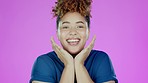 Face, surprise and black woman with happiness, wow and shocked against a studio background. Portrait, African American female and lady with facial expression, omg and announcement with girl excited