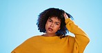 Confused, face and thinking by black woman in studio, pensive and wondering on blue background. Doubt, portrait and unsure girl with decision, choice or emoji on mockup, product placement or isolated