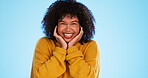 Face, celebration and black woman excited, smile and success with girl on a blue studio background. Portrait, African American female and lady with happiness, winning and victory with joy or cheerful