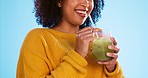 Green juice, young black woman and health smoothie of a person drinking weight loss drink. Mockup, studio background and female with vegetable, nutrition and detox protein fruit shakes for wellness