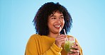 Green juice, black woman and healthy fruit smoothie of a person drinking weight loss drink. Glass, studio background and female sip a vegetable, nutrition and detox shake for health and wellness