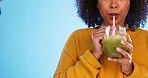 Green juice, black woman and healthy smoothie of a person drinking weight loss drink. Mockup, studio background and female with vegetable, nutrition and detox protein shakes for health and wellness