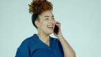 Woman, happy and talking on smartphone in studio, color background and communication chat. Female model, smile and laughing on mobile call, cellphone conversation and contact of networking connection