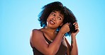 Afro, knot and black woman with comb for hair on blue background with problem, hairstyle frizz and damage. Beauty salon, hairdresser and frustrated girl brushing for wellness, grooming and cosmetics