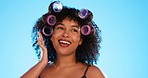 Black woman, hairstyle curlers and studio background with smile for beauty, self care and natural aesthetic. Happy gen z model, african girl and natural hair with happiness, plastic mould and soft