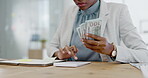 Black woman, calculator and money in business finance for budget, costs or expenses at the office desk. Hands of African female accountant counting and calculating cash on table for company profit