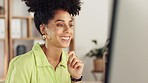 Happy woman, face and computer in night business for online research, planning strategy or satisfied ideas. Female worker, desktop technology or smile while working late in startup, company or office