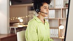 Black woman, call center and consulting on computer at night for customer service, telemarketing or support at office. African American female consultant talking and working late on PC in contact us